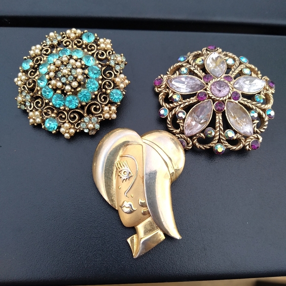 Vintage Jewelry - Three Vintage Brooches, Flapper Face & Two Ornate Rhinestone Brooches